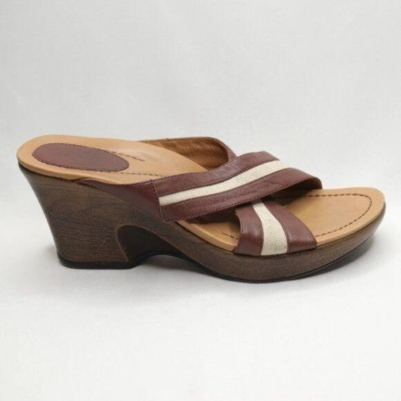 Dansko Neeci Women's Size 40 Brown & Cream Leather Wedge Slide Sandals - Picture 7 of 11